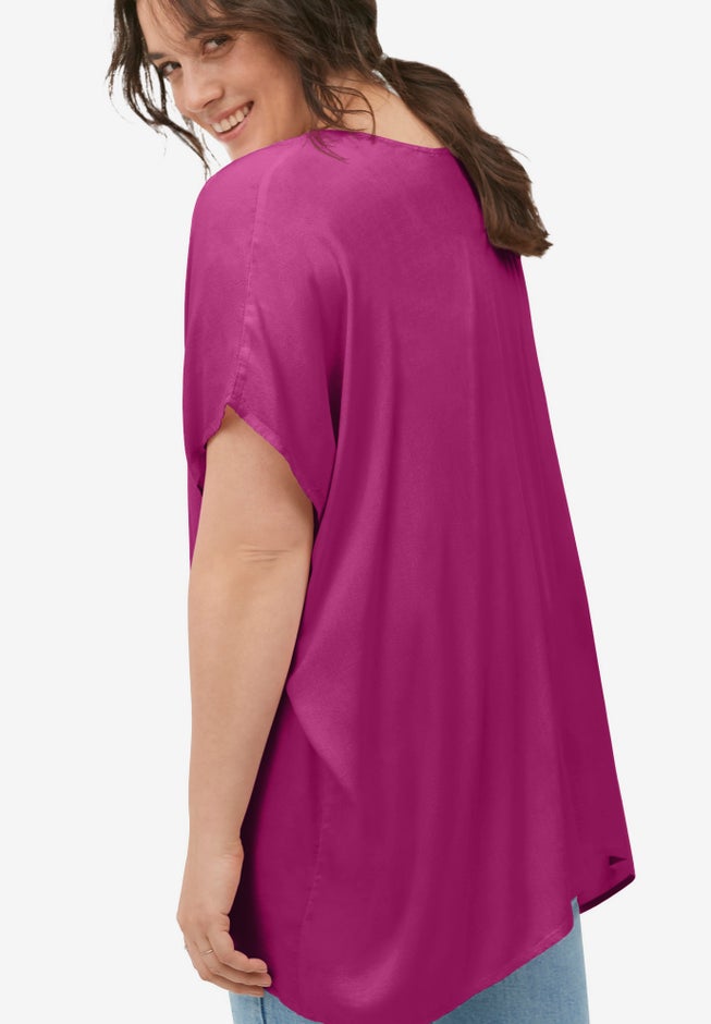 Linen-Blend V-Neck Button-Front Dolman Sleeve Oversized Tunic image number 1