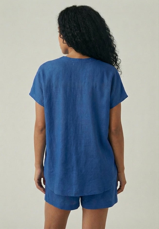Linen-Blend V-Neck Button-Front Dolman Sleeve Oversized Tunic image number 1