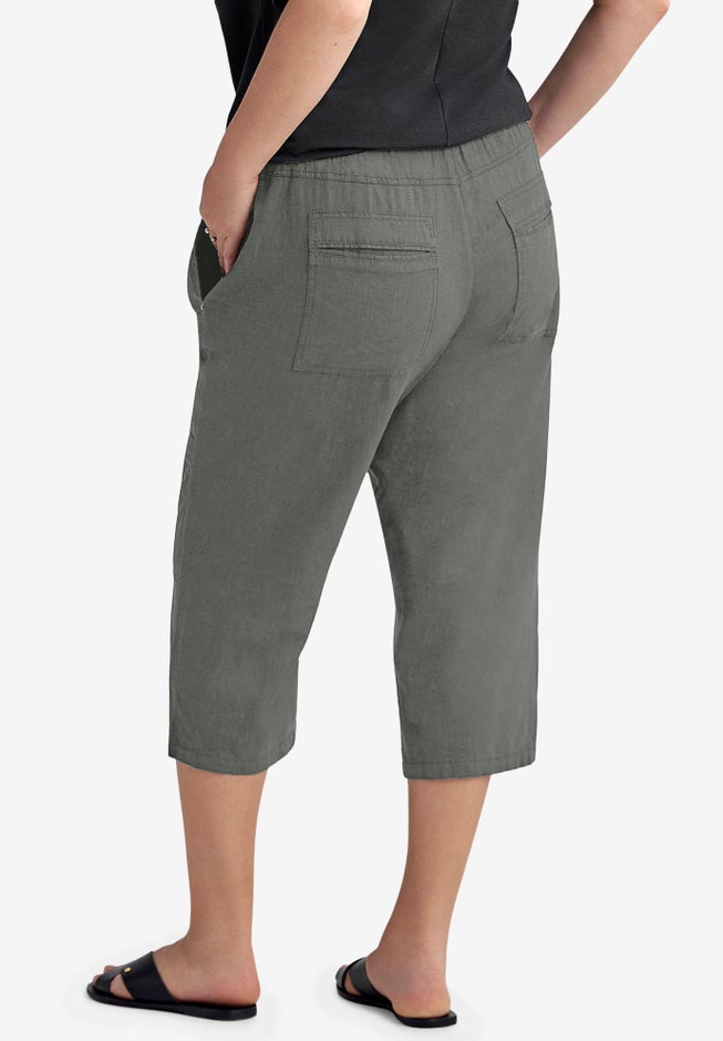 Ribbed Elastic Waist Linen-Blend Capris image number 1