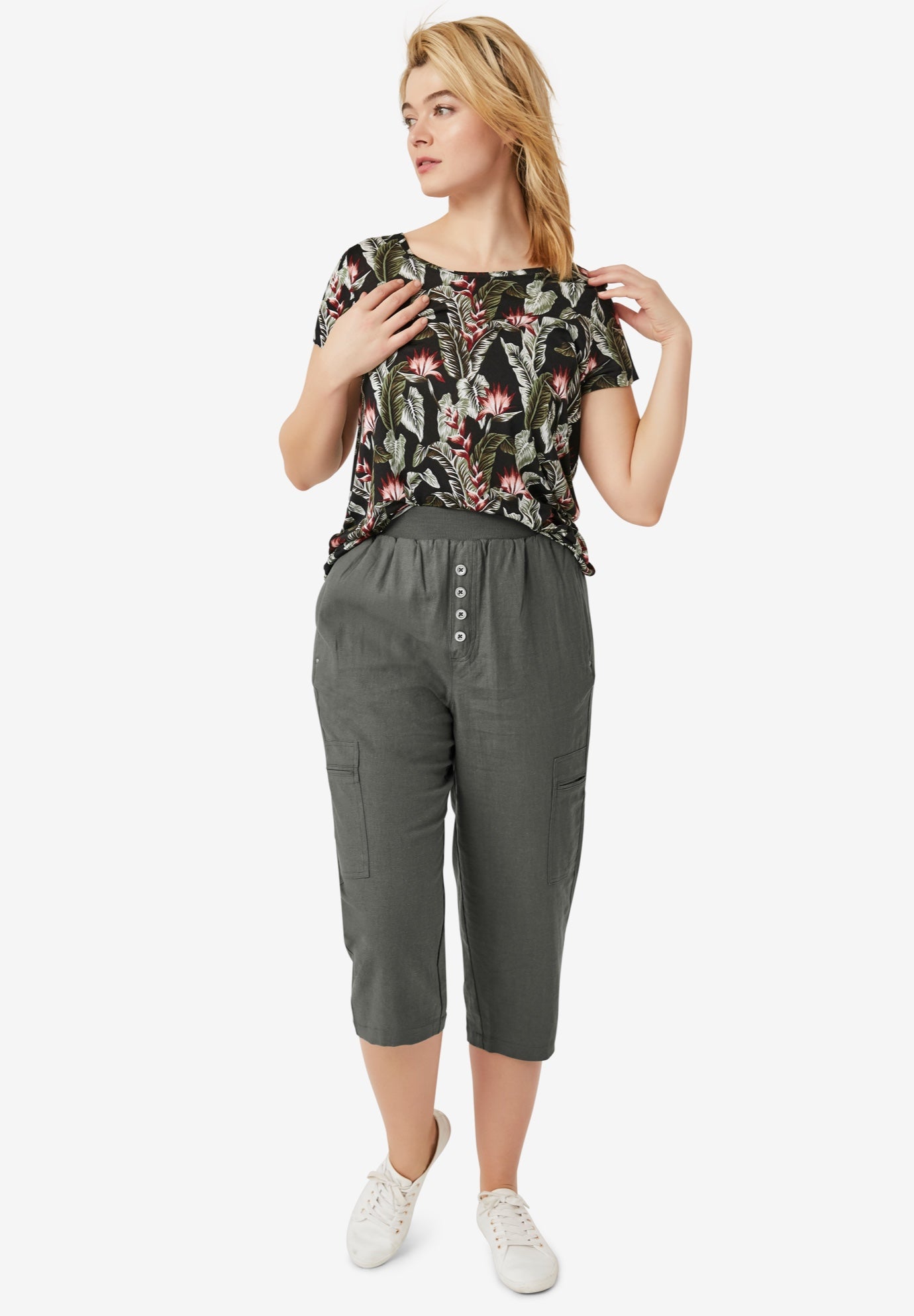 Ribbed Elastic Waist Linen-Blend Capris image number 0