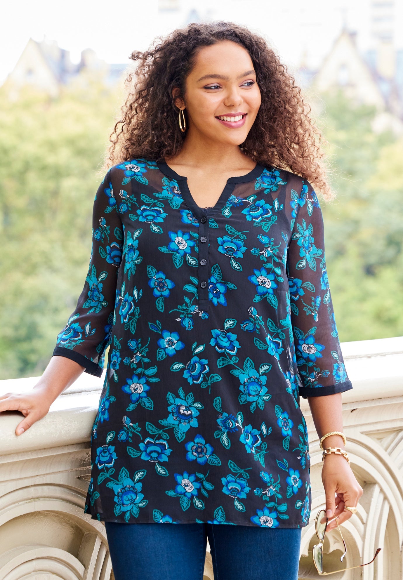 Y-Neck Half Placket Blouse image number 0