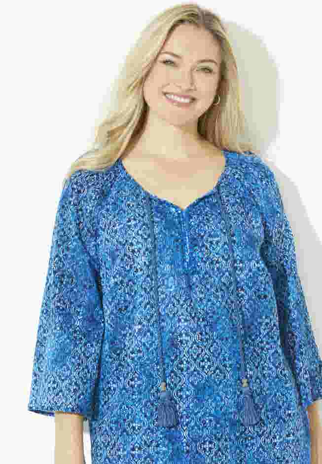 Sequin Trim Gauze Peasant Blouse image number 3