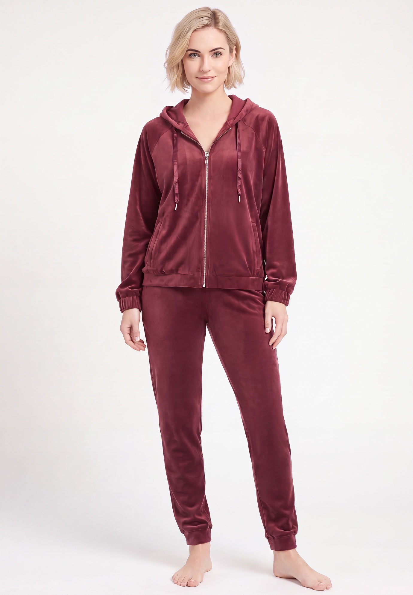 Stretch Velour Zip Front Long Sleeve Jacket With Hood image number 0