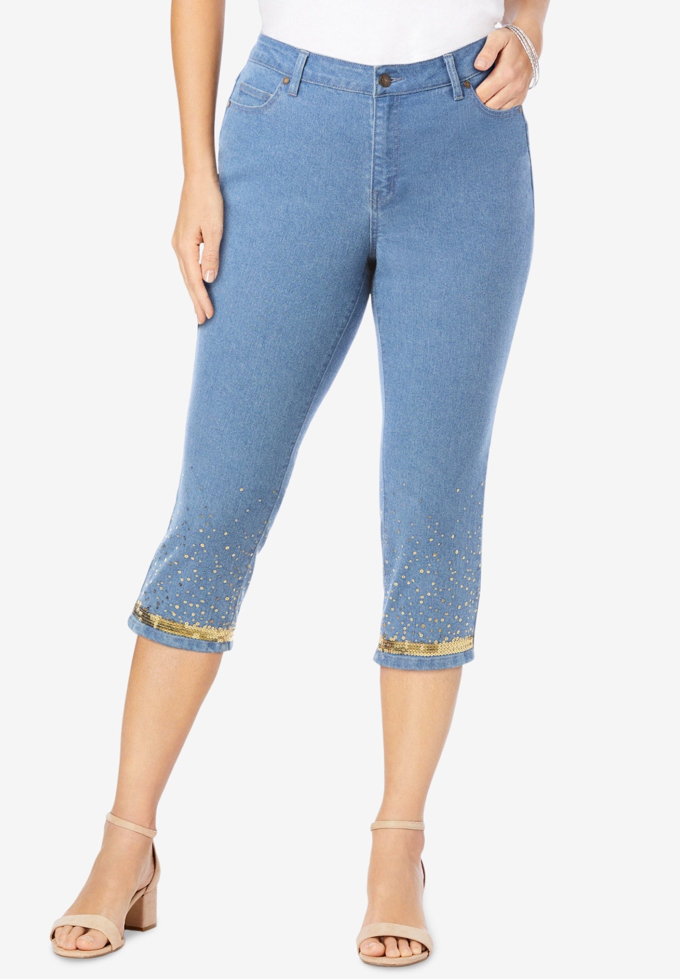 Plus Size Sequin Trim Straight Leg Capri Jean image number 0