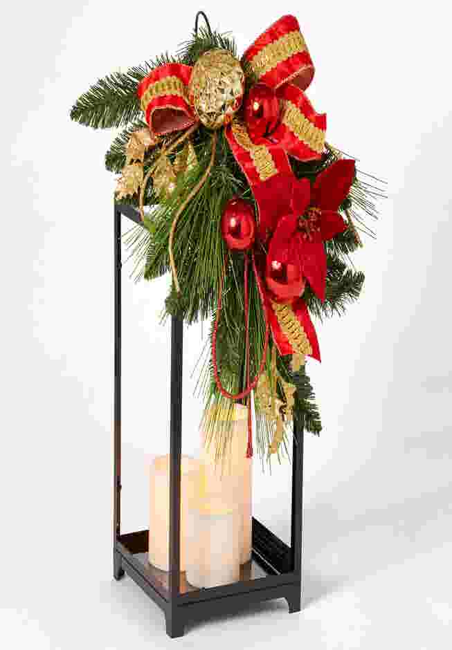 22" Red Ribbon Lantern with Candles image number 0