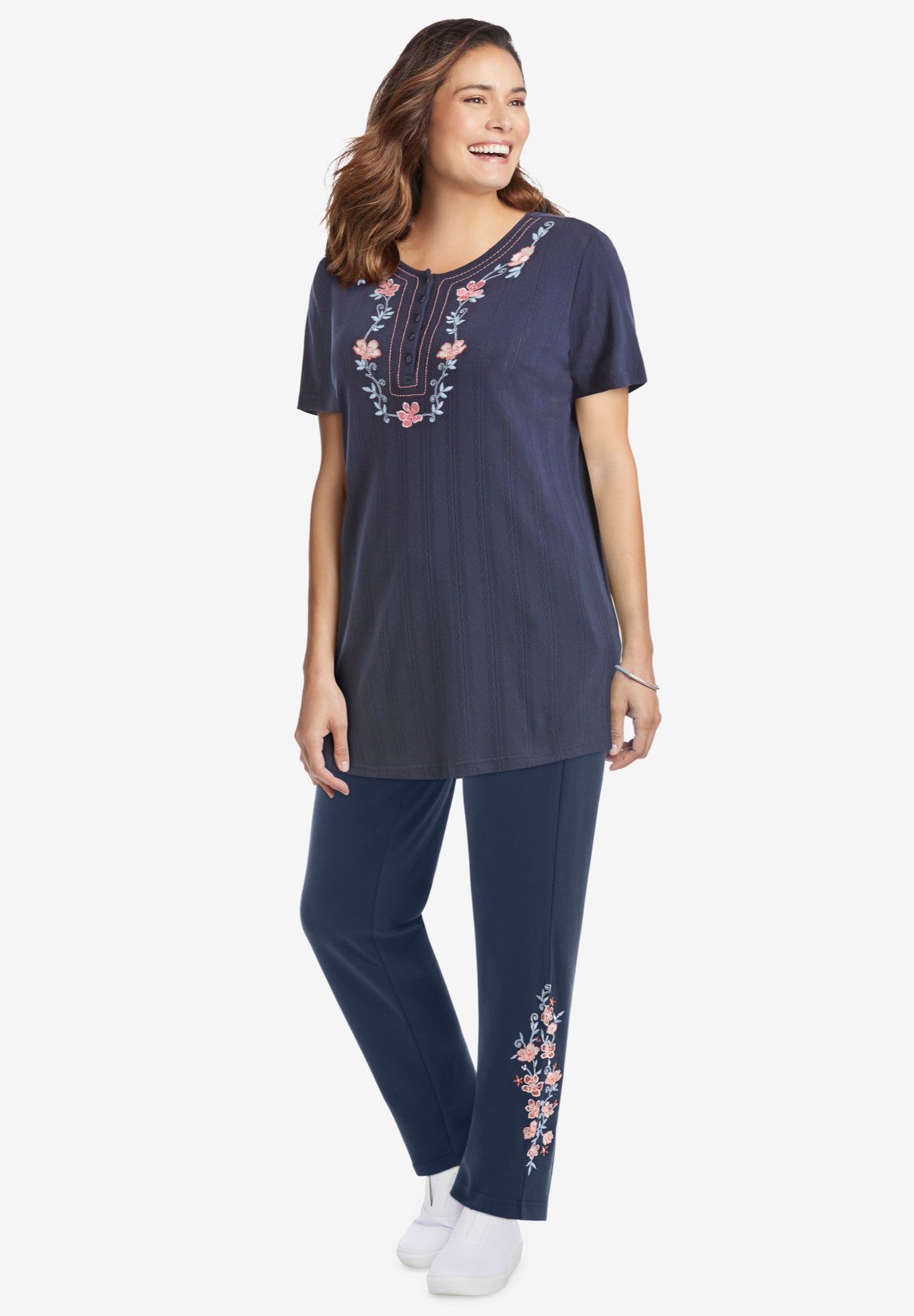 7-Day Knit Embroidered Straight-Leg Pull-On Pants image number 0