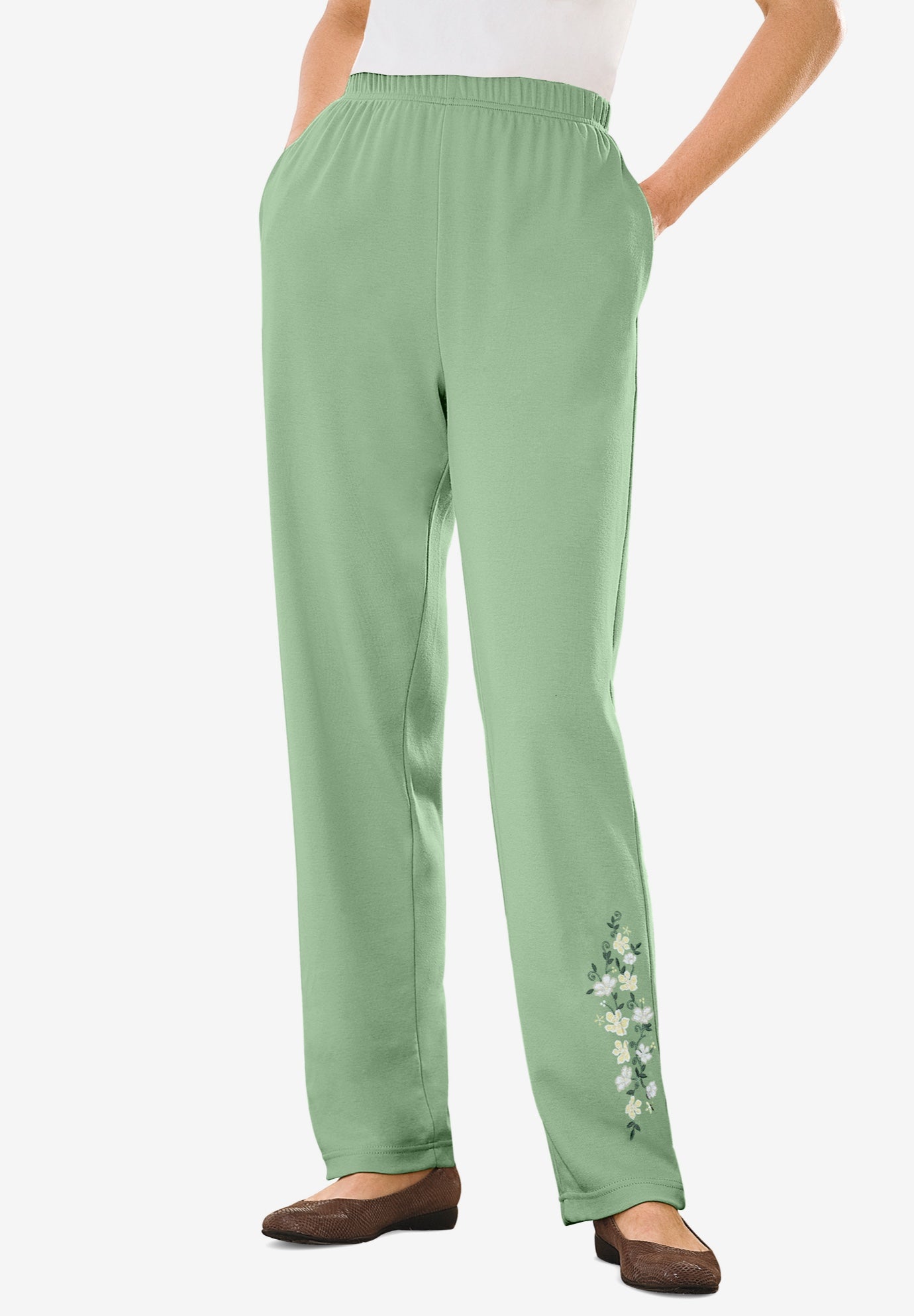 7-Day Knit Embroidered Straight-Leg Pull-On Pants image number 0