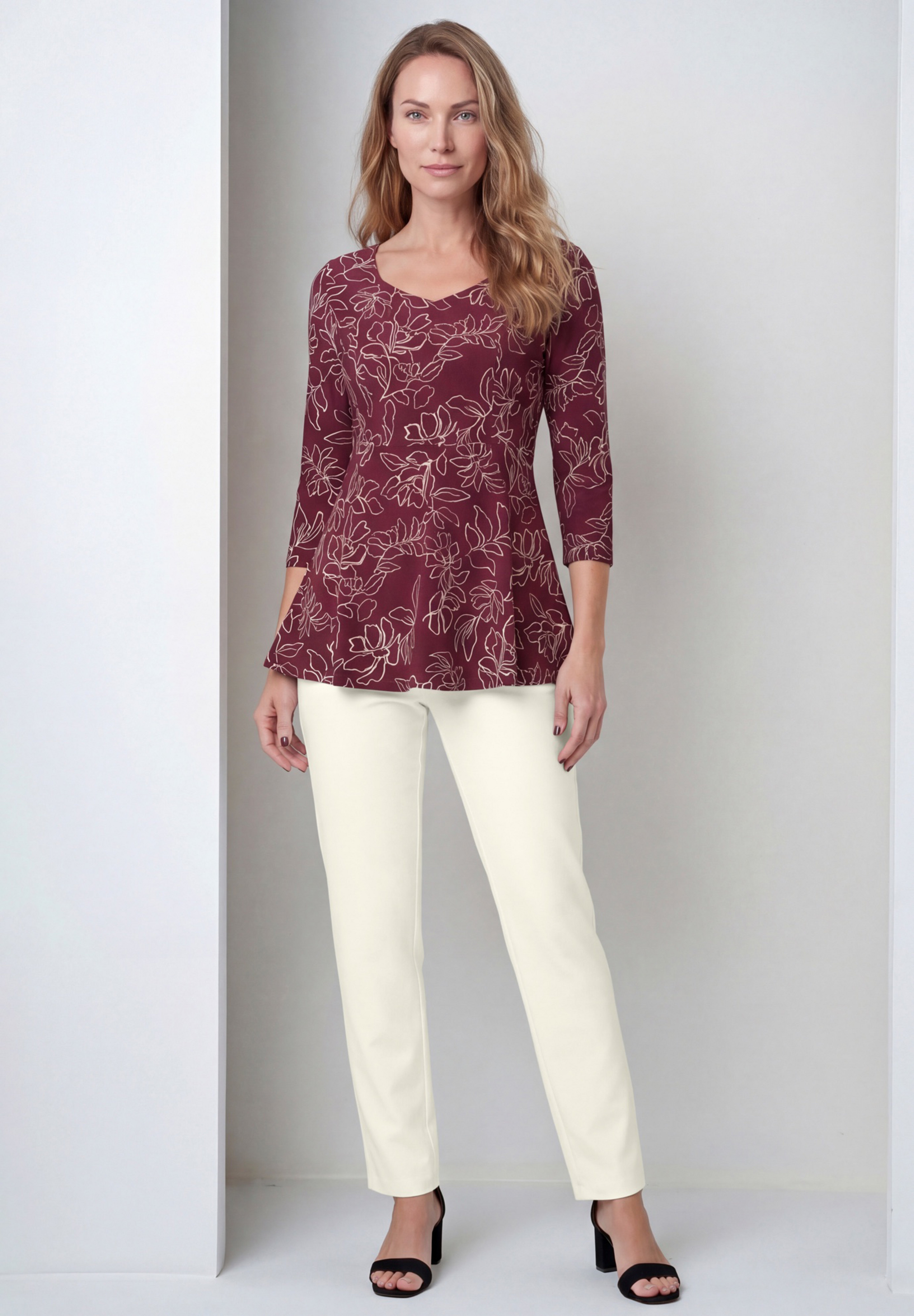 Knit Crepe Sweetheart Neckline Peplum Top image number 0