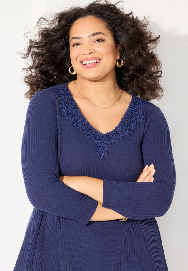 Waffle Knit Lace Trim Tunic image number 3