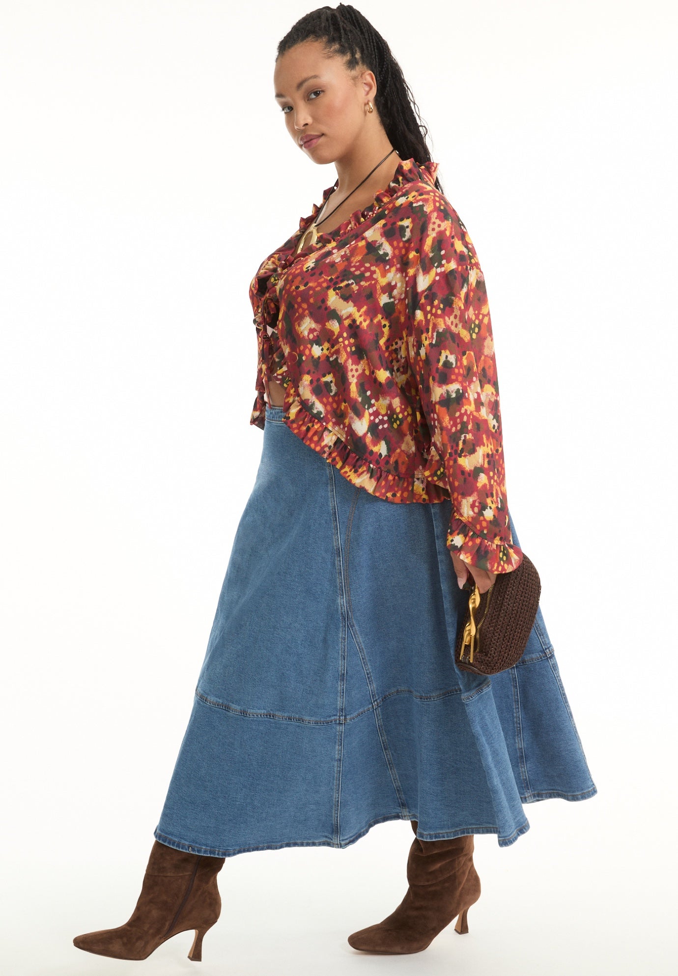 Fit-And-Flare Denim Midi Skirt image number 2