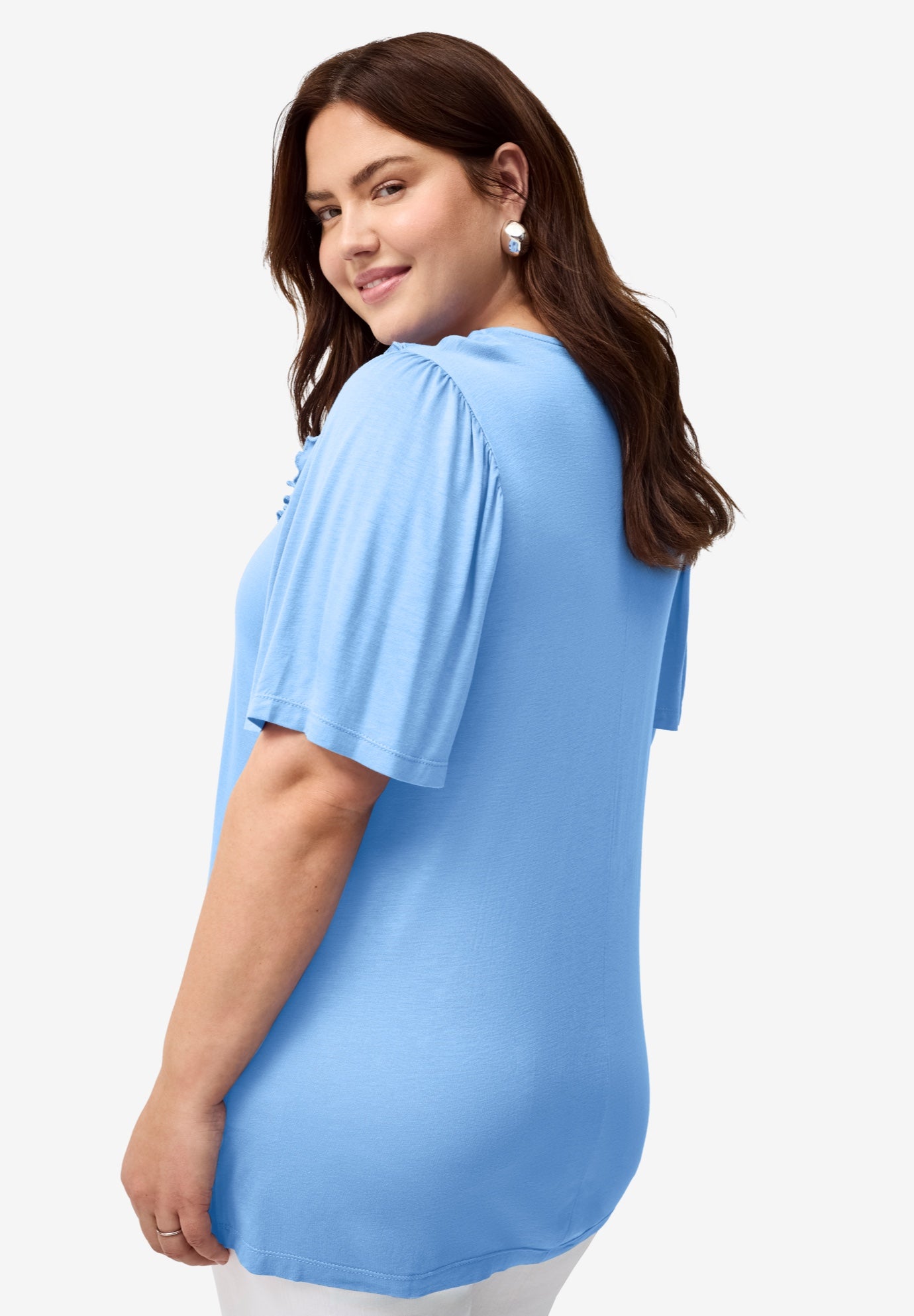 Stretch Knit V-neck Ruffle Front Tunic image number 1