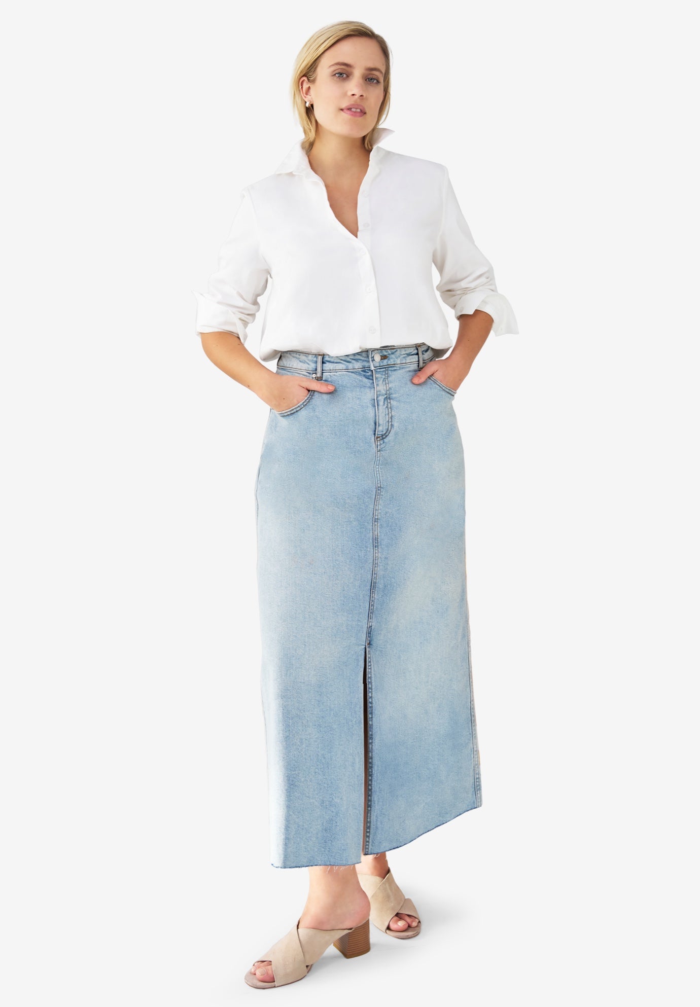 High-Waist 5 Pocket Stretch Denim Maxi Skirt image number 0