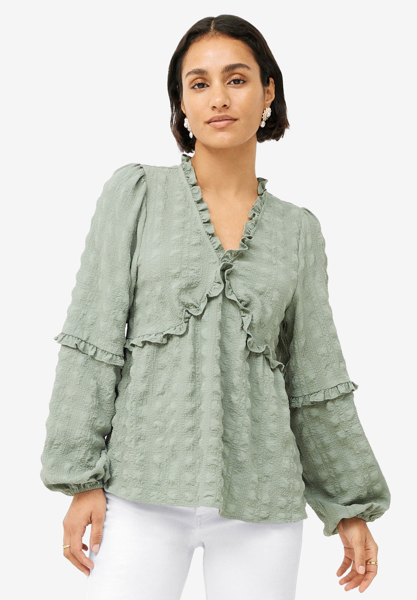 Ruffle Trim V-Neck Babydoll Blouse image number 0