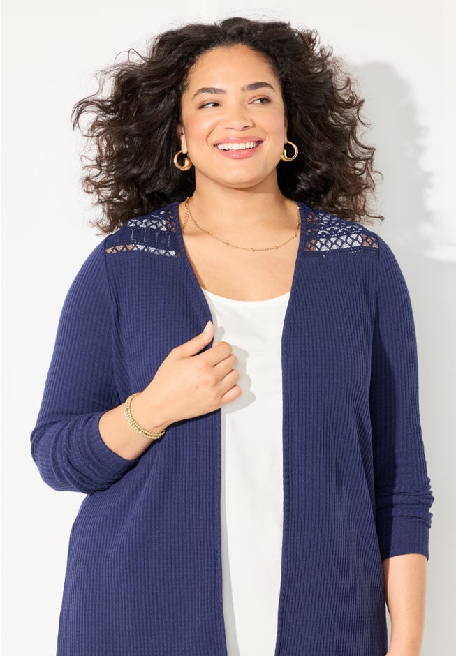 Waffle Knit Lace Back Cardigan image number 3