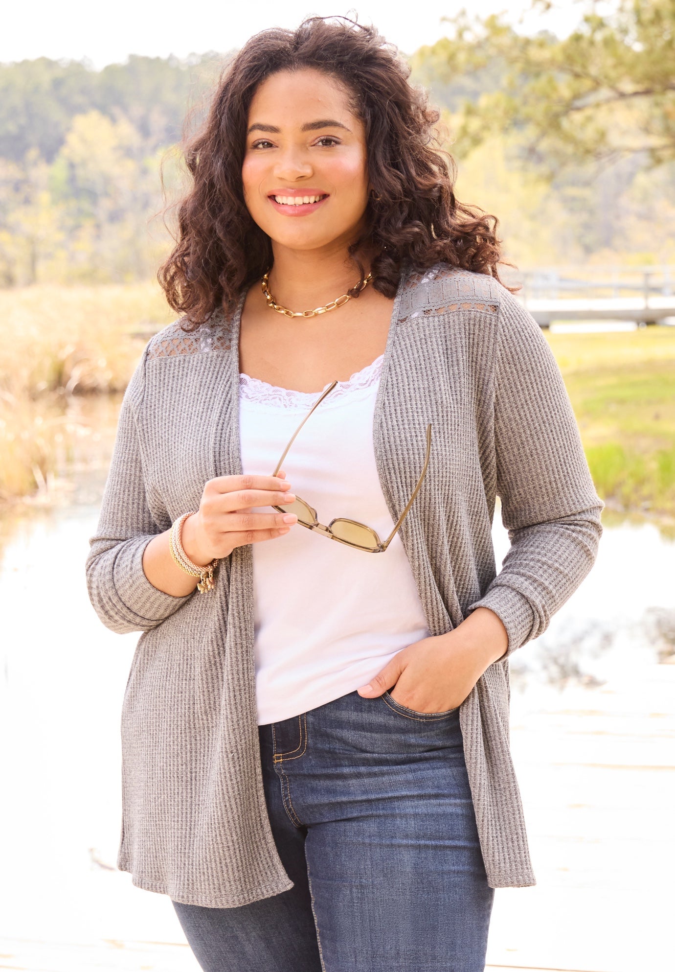 Waffle Knit Lace Back Cardigan image number 0