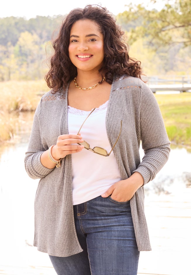 Waffle Knit Lace Back Cardigan image number 0