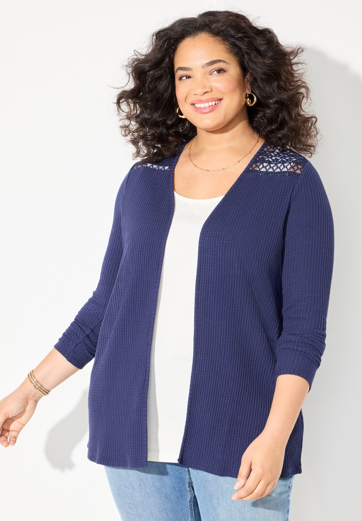 Waffle Knit Lace Back Cardigan image number 0