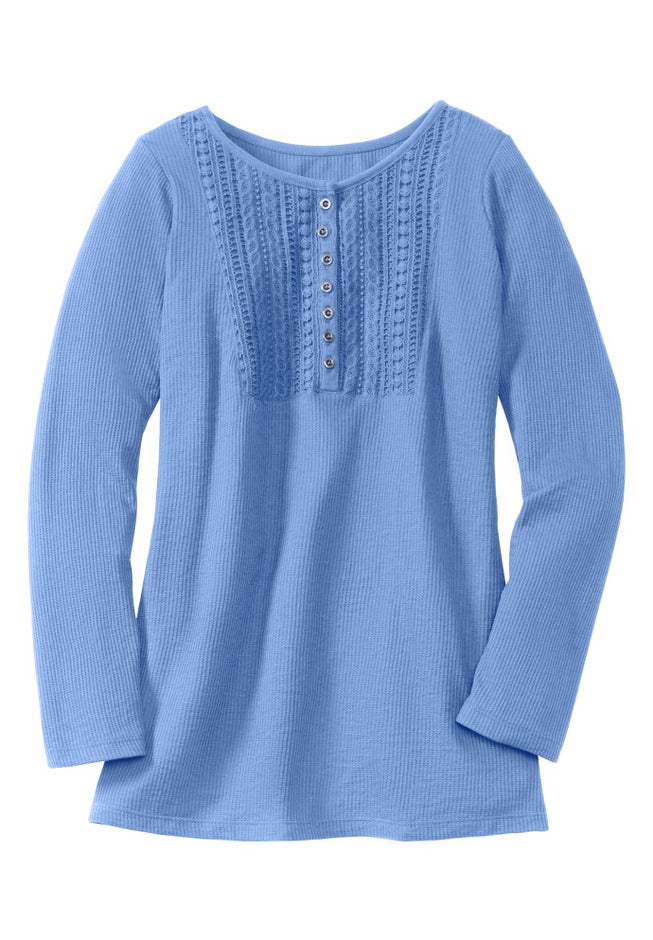 Waffle Thermal Lace Bib Henley Tee image number 1