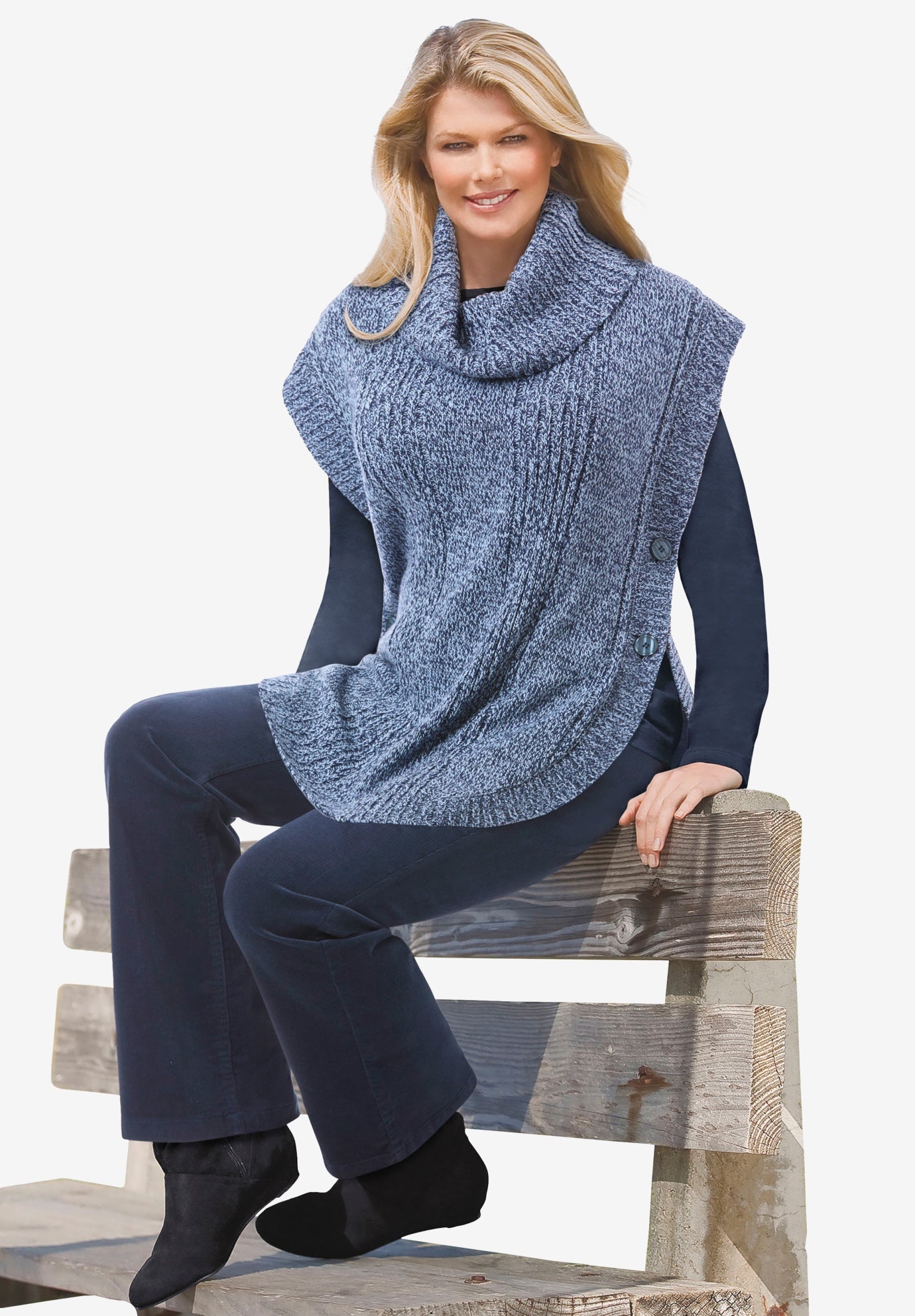 Marled Knit Cowl Neck Poncho image number 1