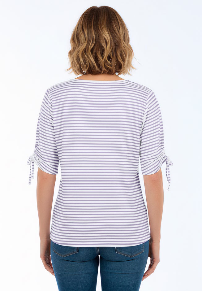 Square Neck Tee with Tie Sleeves, Lilac Feeder Stripe | Catherines