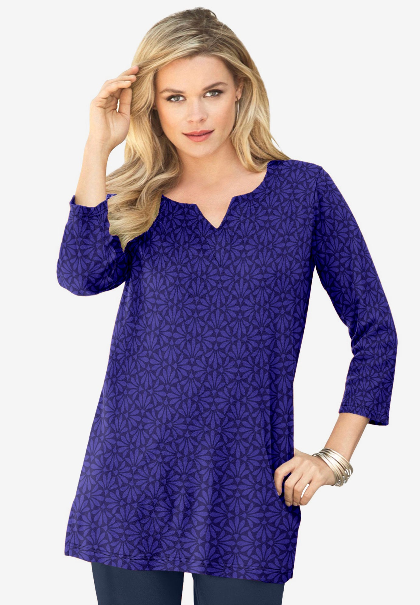 Plus Size Three-Quarter Sleeve Notch Neck Soft Knit Tunic image number 0