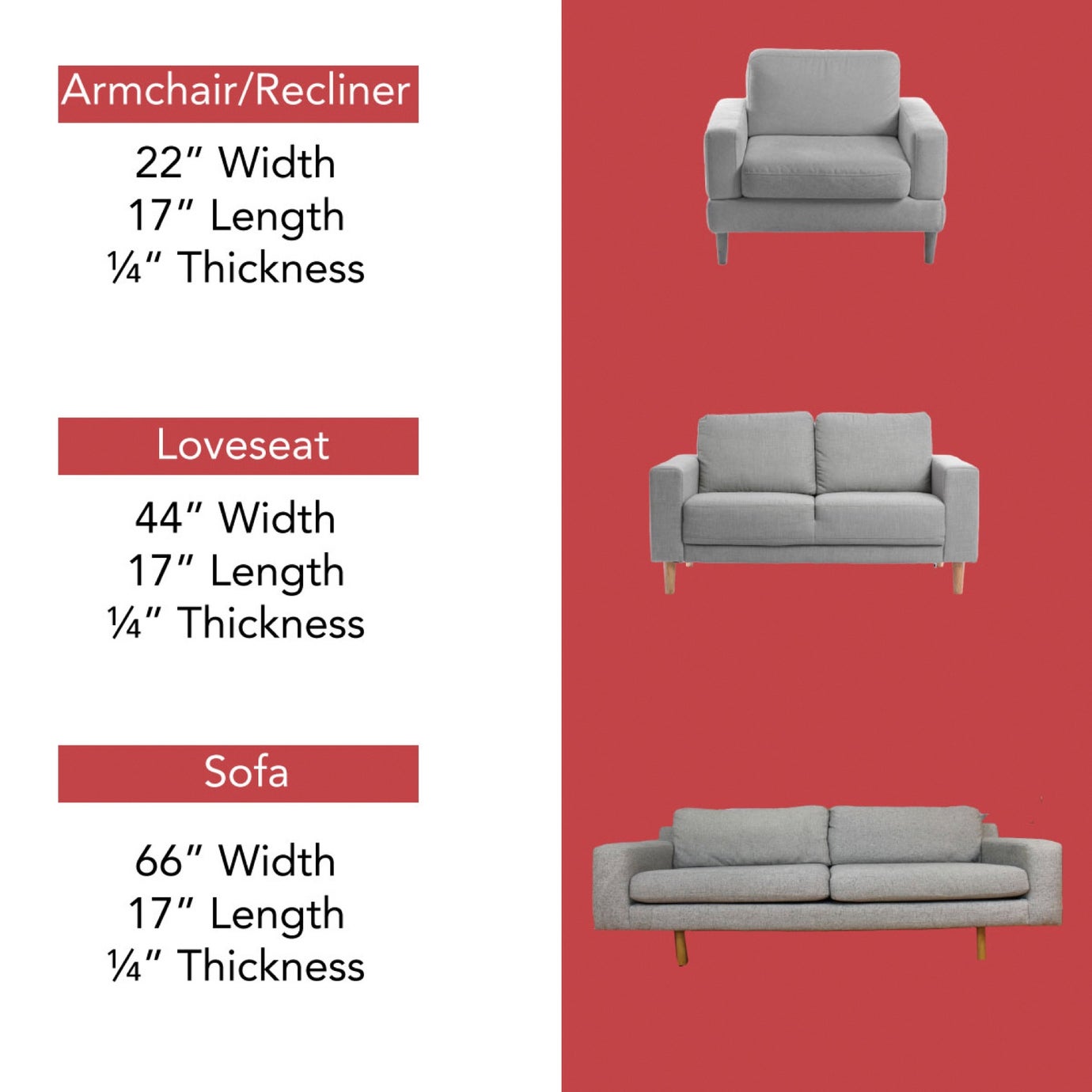 Comparison sizes: Armchair, Loveseat, Sofa with measurements listed