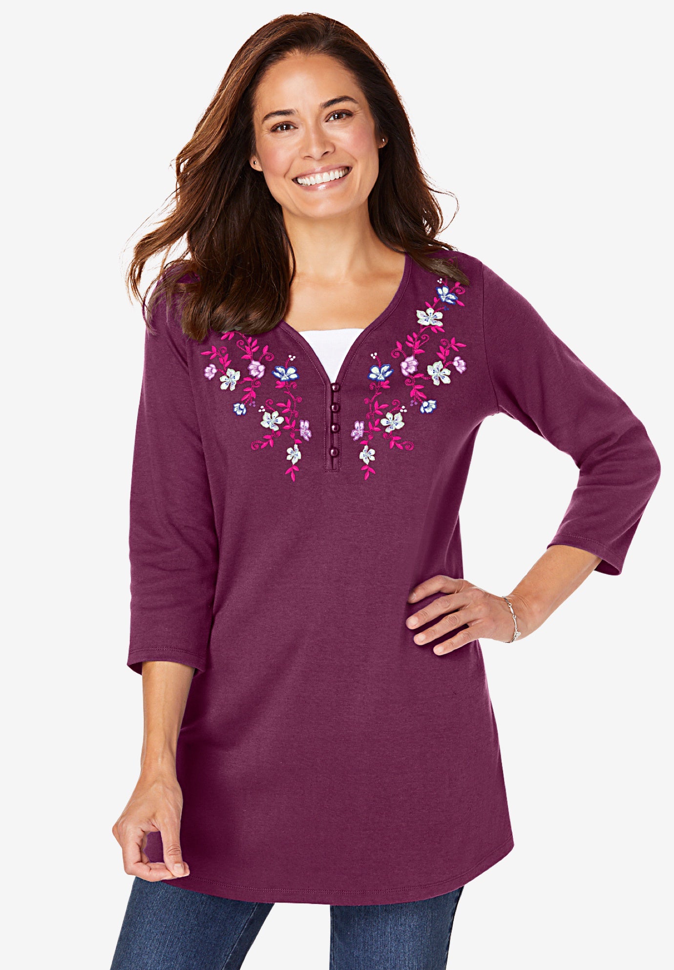 7-Day Layered-Look Embroidered Henley Tunic image number 0