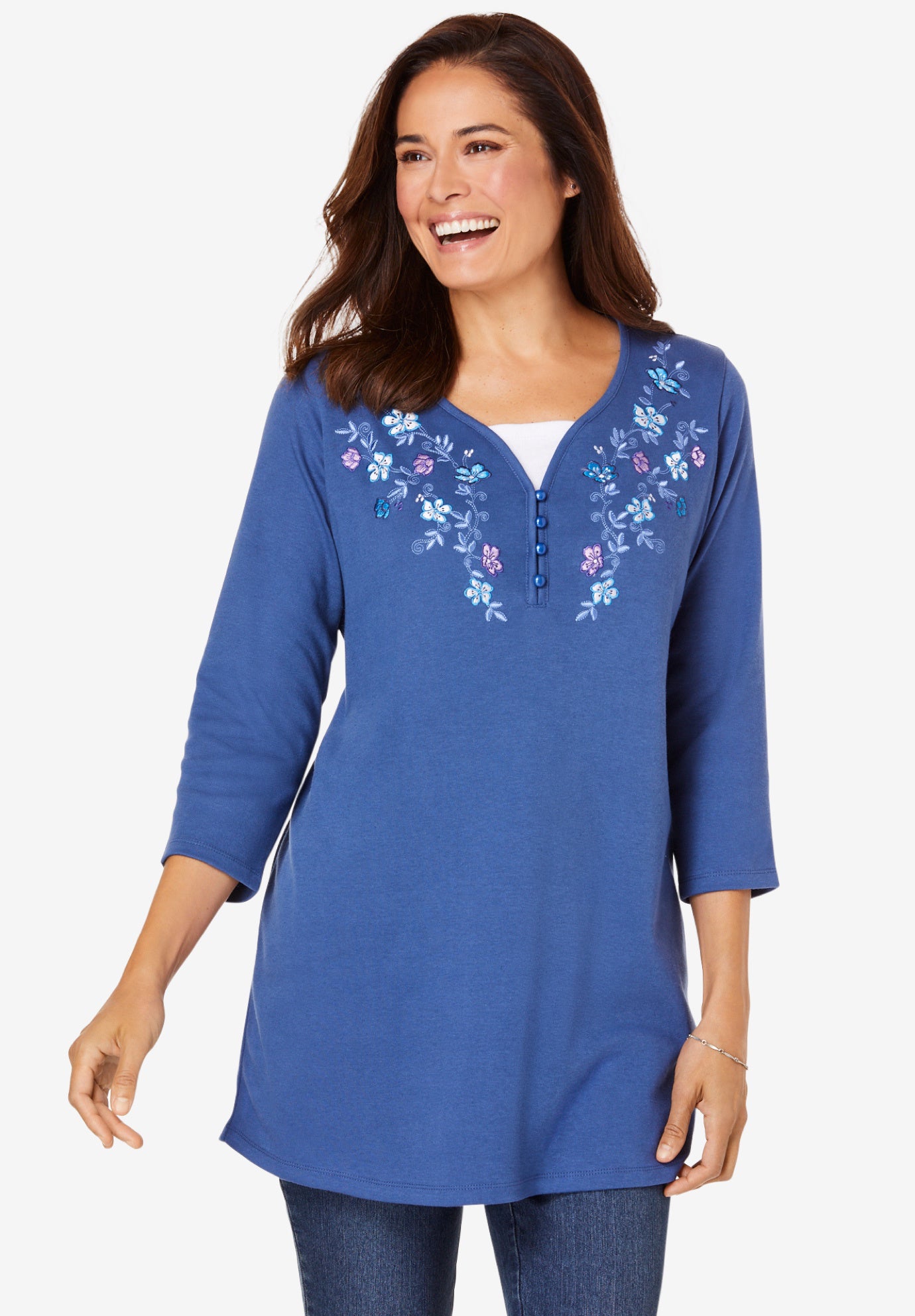 Layered-Look Embroidered Henley Tunic image number 0