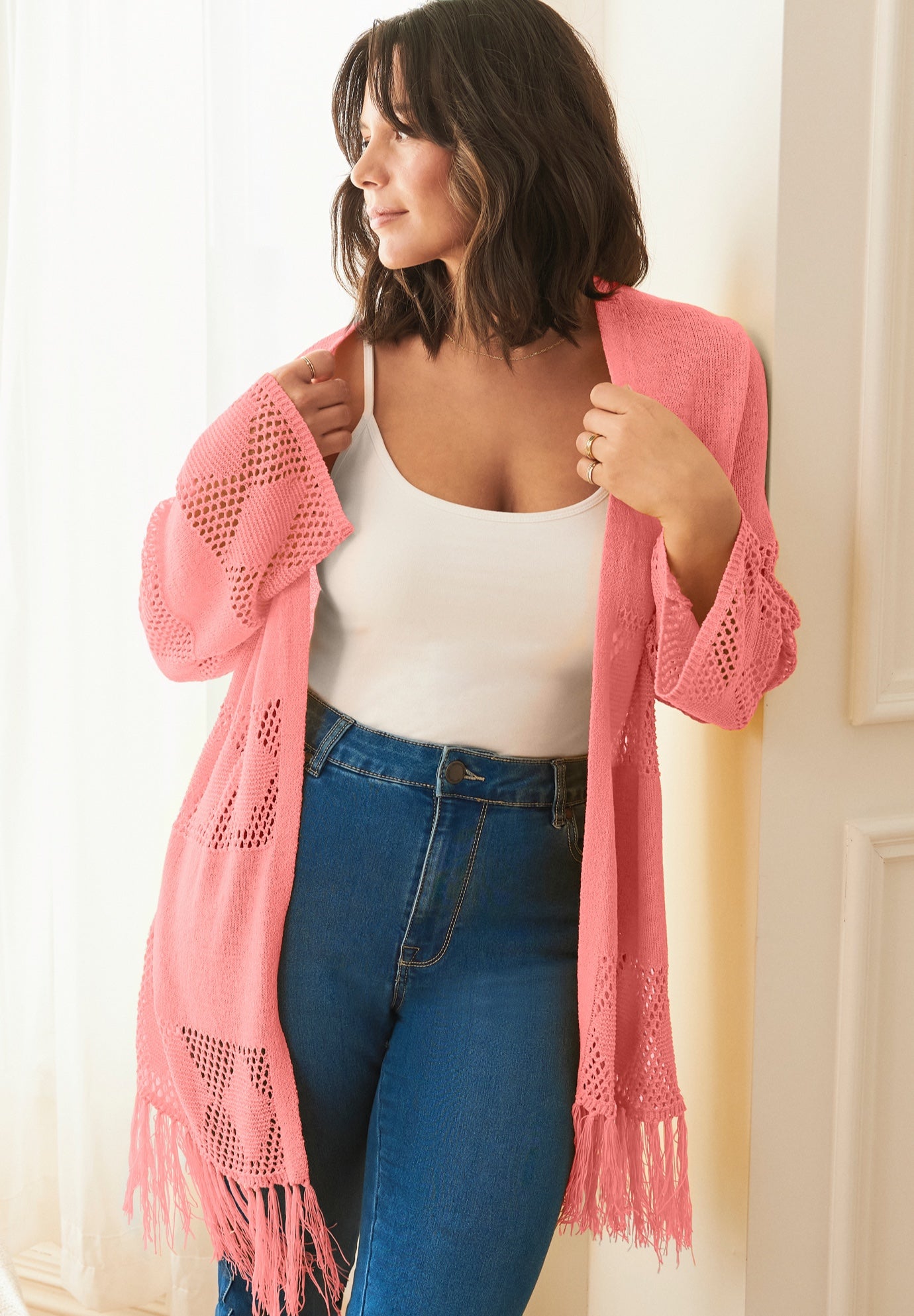 Pointelle Fringe Cardigan image number 3