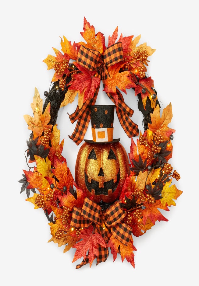 24" Pre-Lit Jack-O-Lantern Wreath image number 2