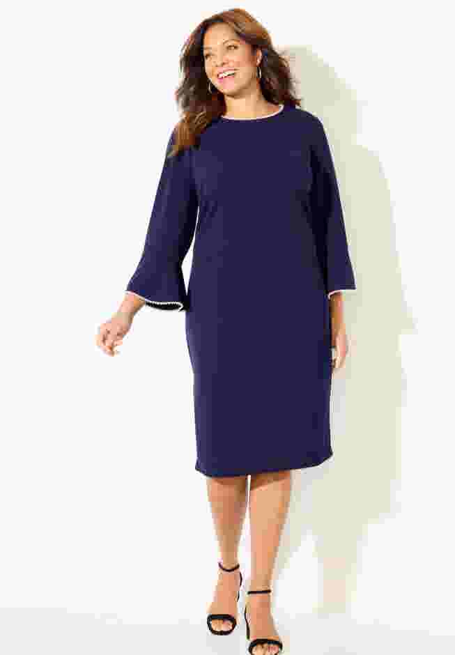 Faux Pearl Trim Ruffle Sleeve Shift Dress image number 0