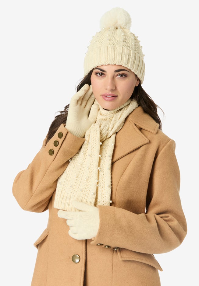 Pearl-Embellished Cable-Knit Hat, Scarf and Glove Set. image number 0