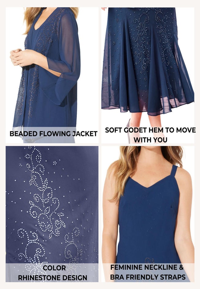 Beaded Masquerade Dress Set with Sheer Jacket, Mariner Navy | Catherines Beaded Masquerade Dress Set with Sheer Jacket, Mariner Navy | Catherines