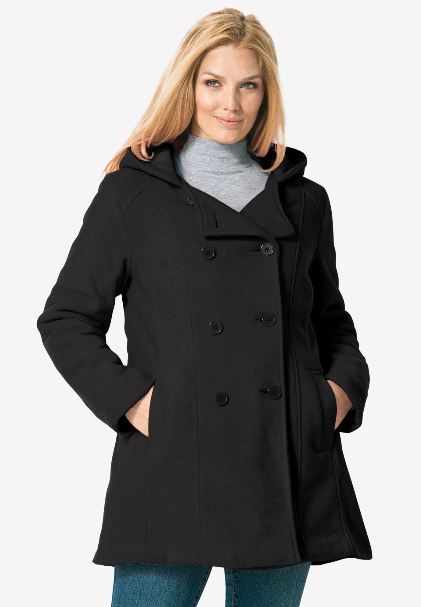 Double-Breasted Hooded Fleece Peacoat image number 0