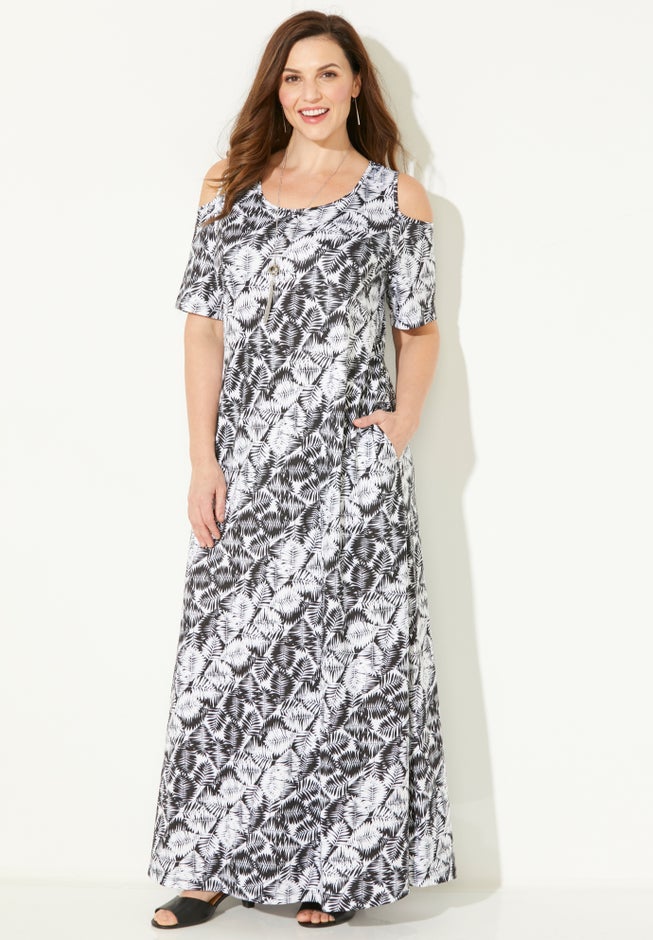 Open-Shoulder Maxi Dress with Pockets, Black And White Graphic Leaf | Catherines Open-Shoulder Maxi Dress with Pockets, Black And White Graphic Leaf | Catherines