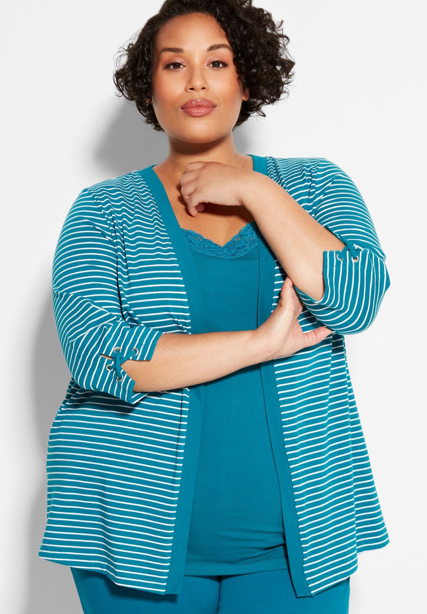 Suprema Striped Cardigan With Sleeve Detail image number 0