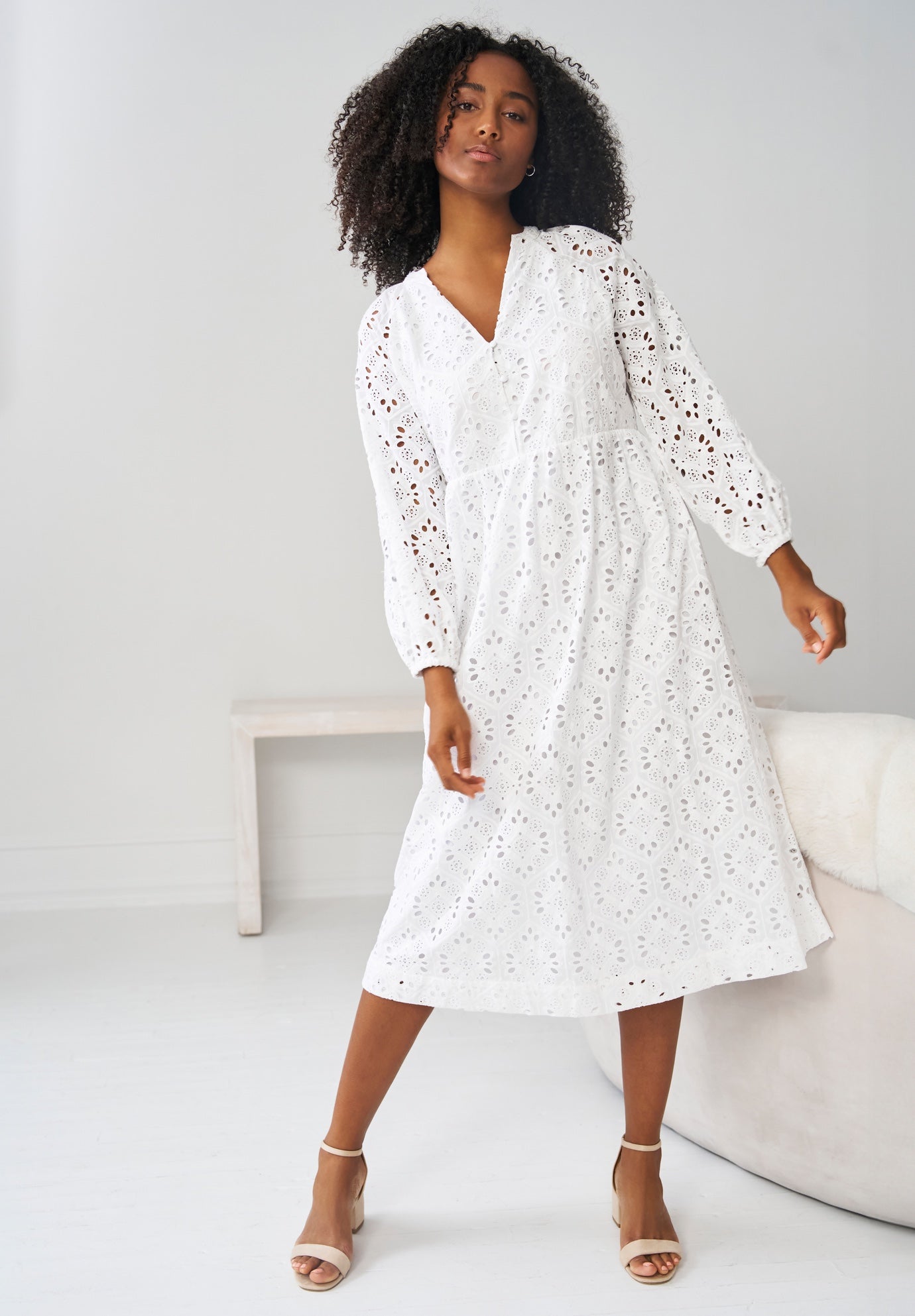 Eyelet Midi Dress with Blouson Sleeves image number 0