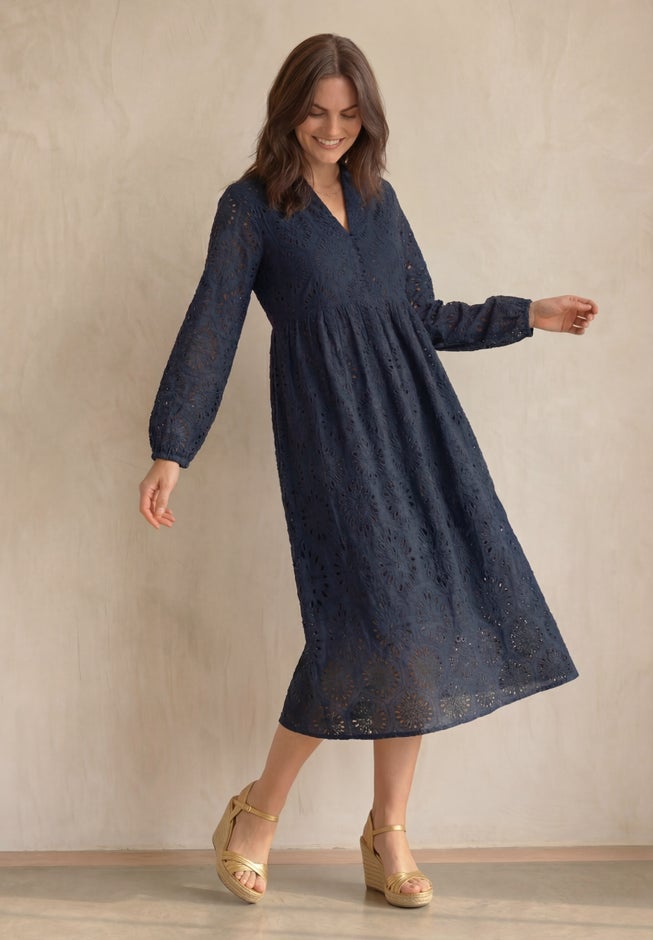 Eyelet Midi Dress with Blouson Sleeves image number 2