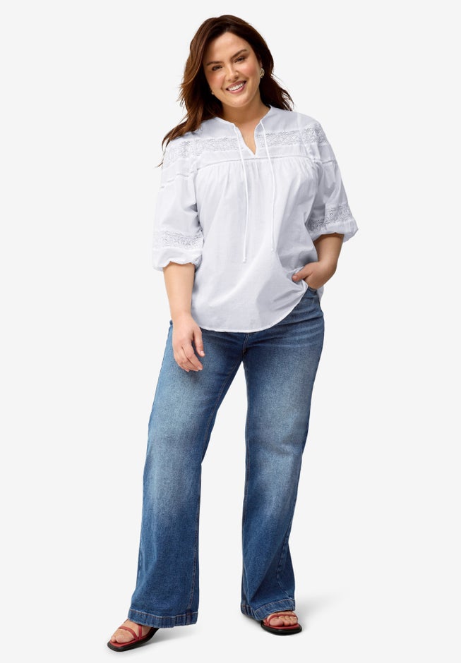 Keyhole Neck Blouse with Crochet Trim image number null