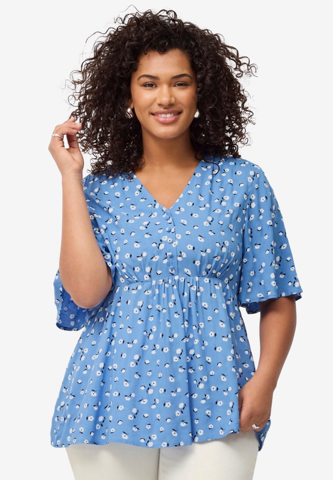 V-Neck Empire Tunic with Button Trim Placket image number null