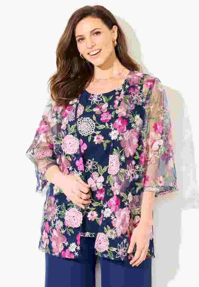 Embroidered Tank and Kimono 2-Piece Set image number 0