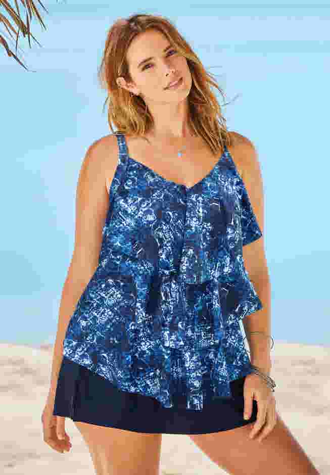 Longer-Length Tiered-Ruffle Tankini Top image number 0