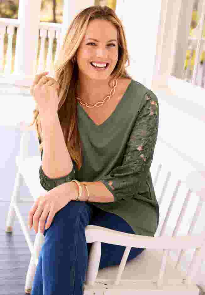 Eyelet Sleeve V-Neck Top image number 0
