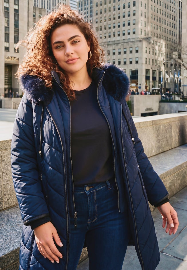 Chevron Faux Fur Hood Long Puffer Coat image number 10
