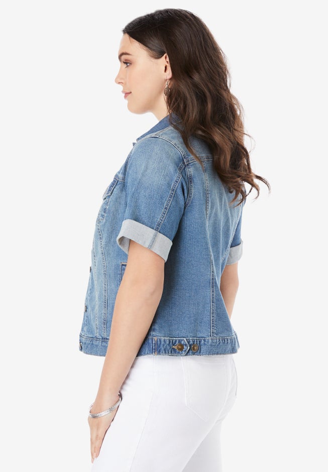 Plus Size Short-Sleeve Stretch Denim Jacket image number 2