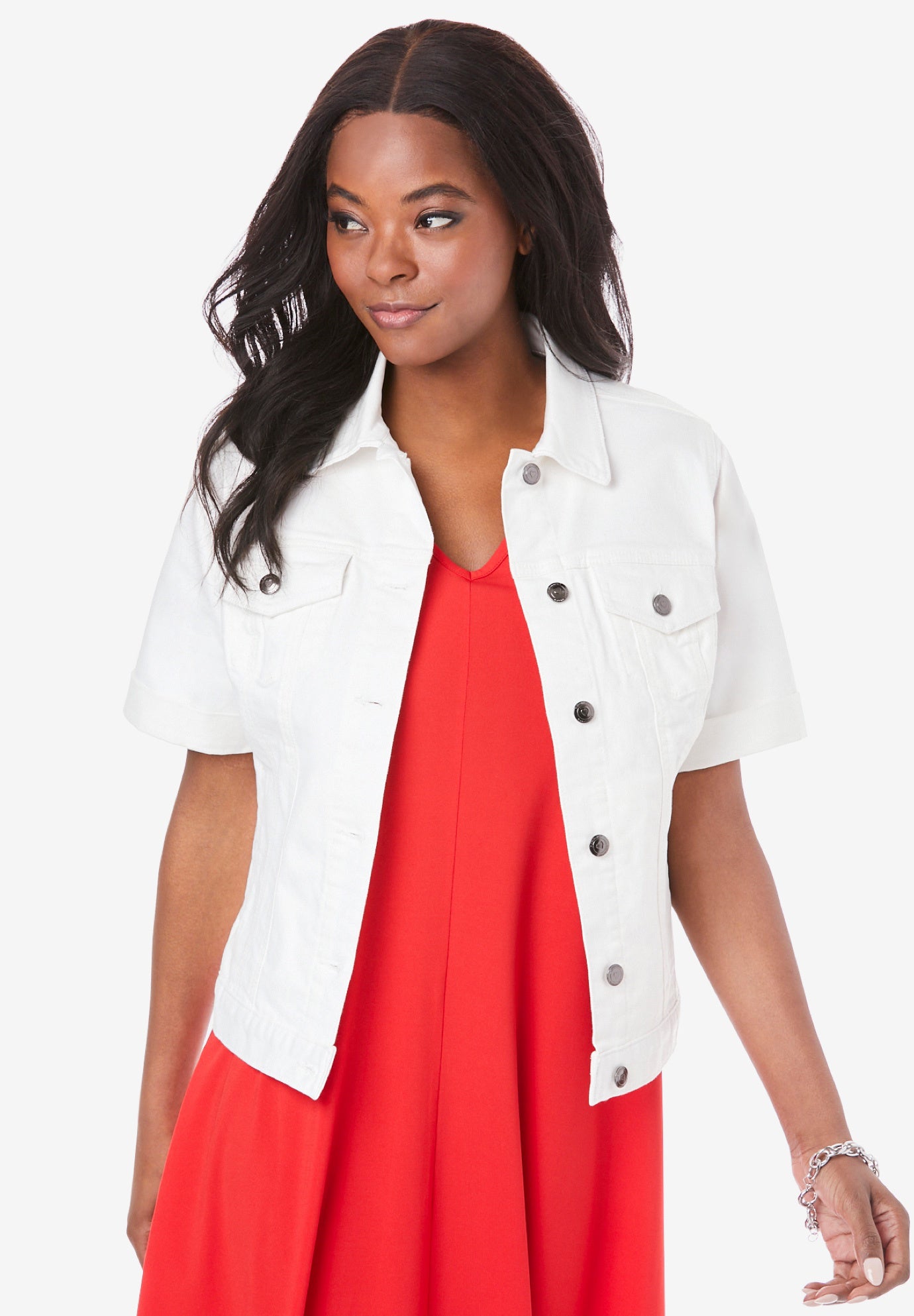Plus Size Short-Sleeve Stretch Denim Jacket image number 0