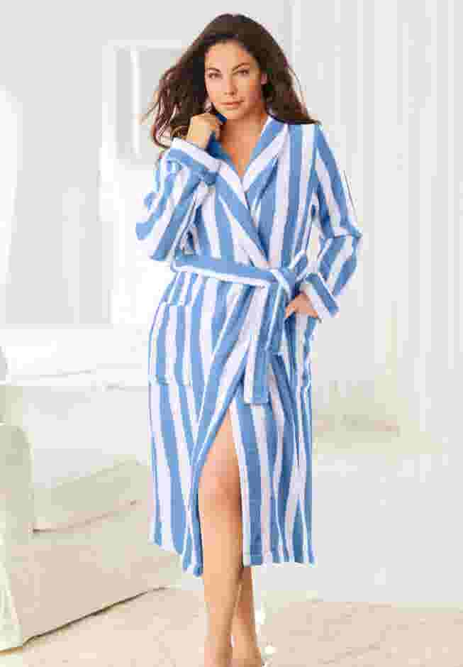 Short Terry Robe with Shawl Collar & Pockets, Pink Stripe | Catherines