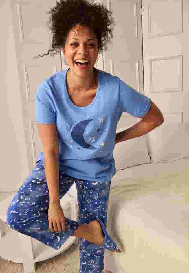 Graphics Pj Set PJ Set - Super Soft Graphic Tee, French Blue Tie Dye Moon | Catherines