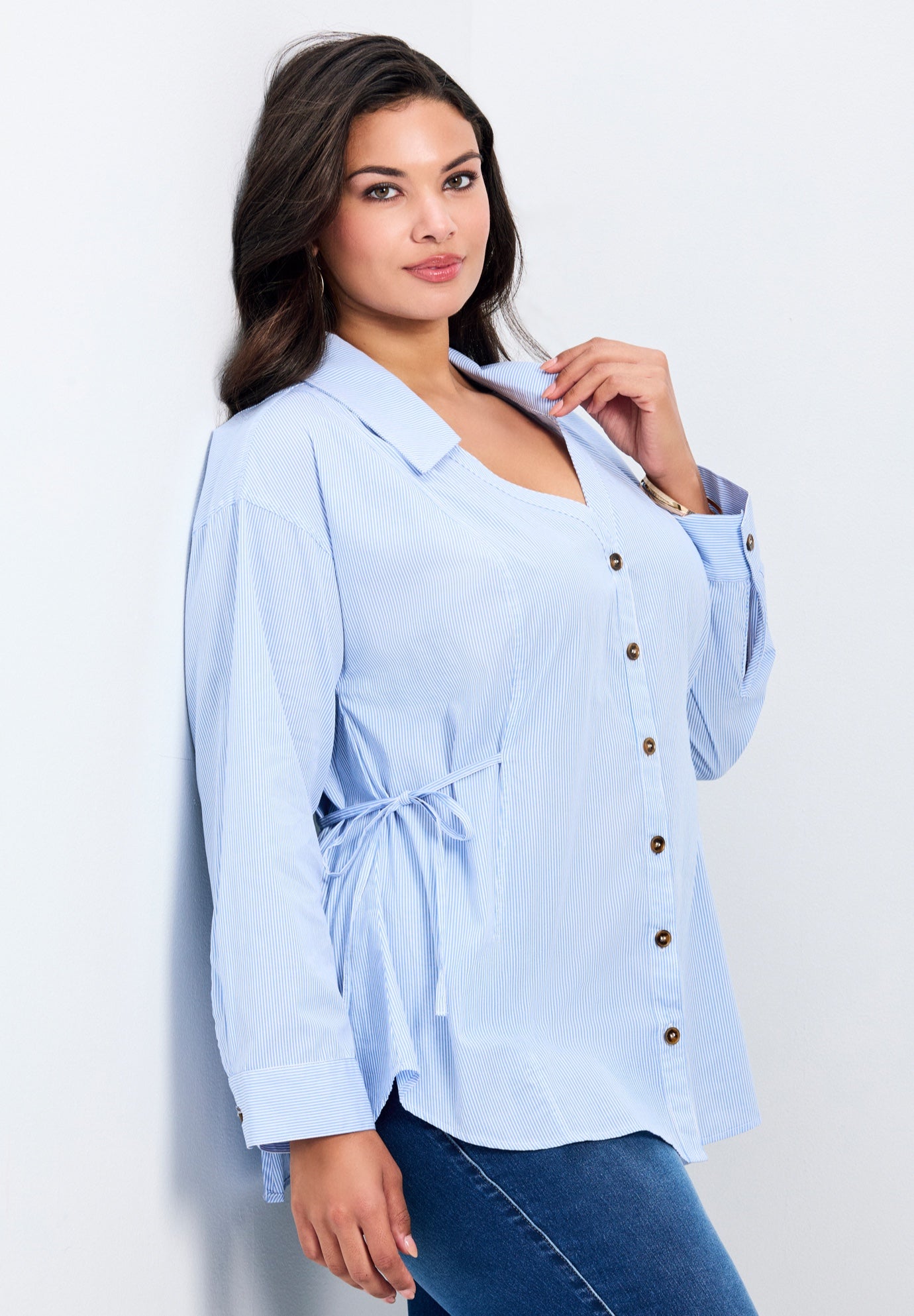 Ray Stripe Polpin Shirt With Tie Detail image number 2