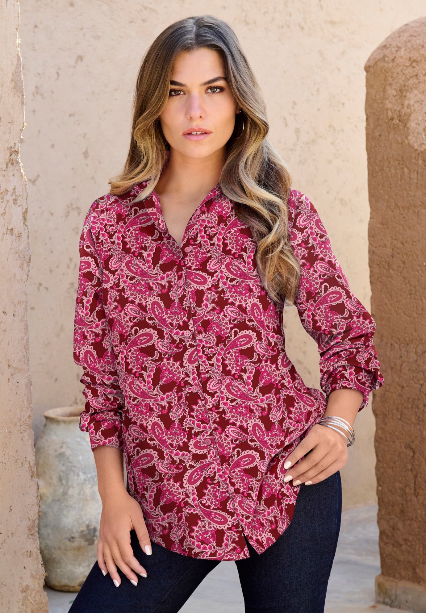 Kate Long-Sleeve Crisp Cotton-Blend Button-Front Shirt image number 0